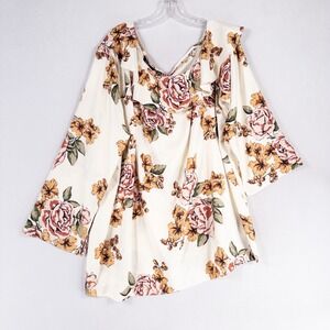 Du Jour Top Blouse Womens Plus Sz 26W Ivory Floral Satin One Shoulder Ruffles